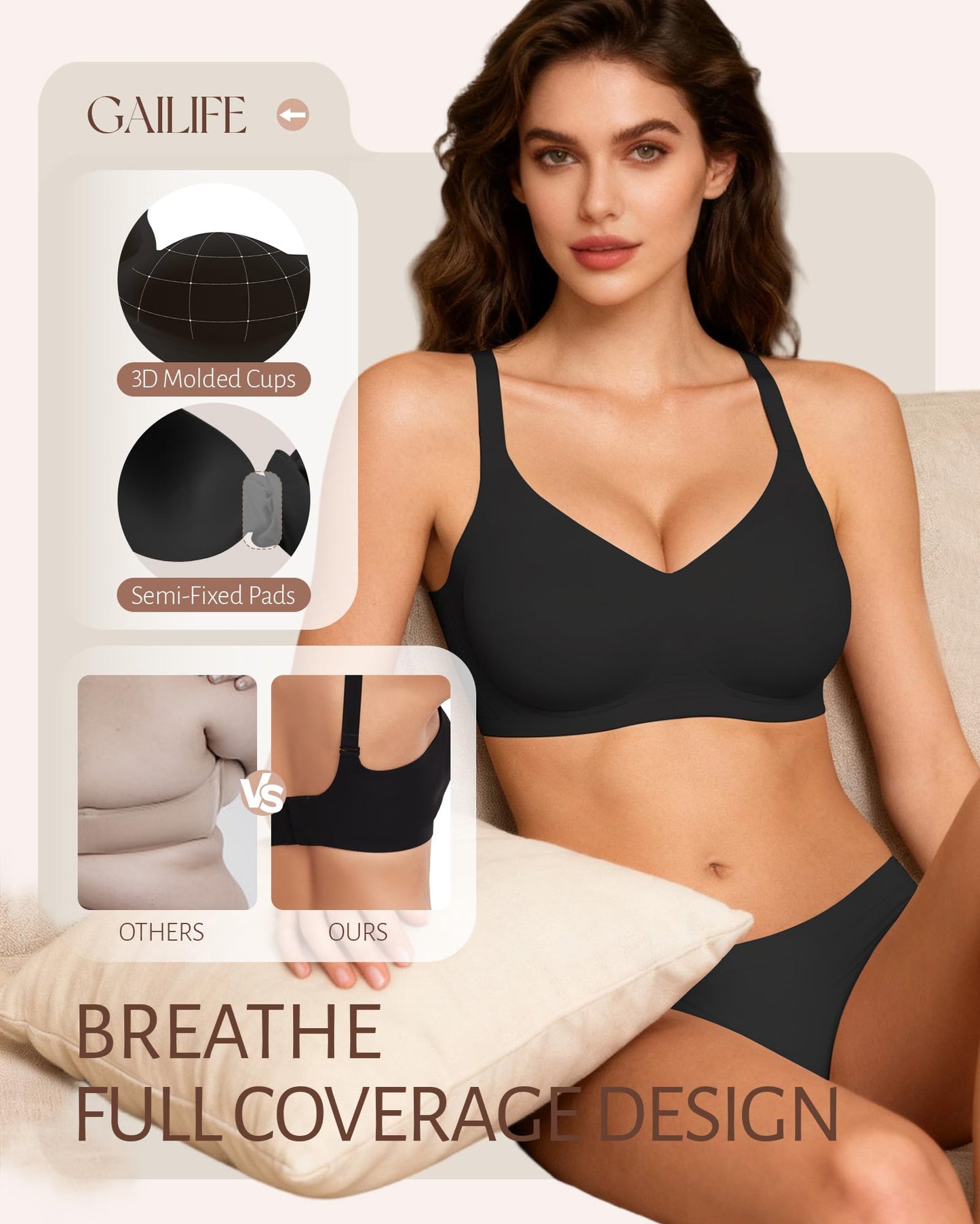 Gailife Womens Jelly Bra for Women Wireless Bras Seamless No Underwire Supportive Full Coverage T-Shirt Bra -New-Black-M