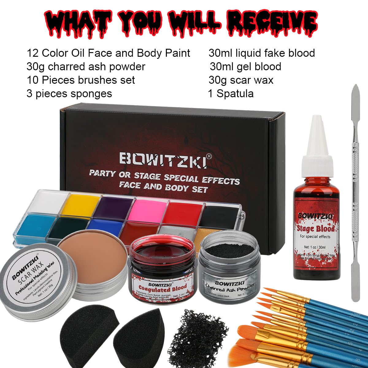 Bowitzki Halloween Makeup Kit Oil Based Face Body Paint Cream Makeup SFX Painting Clear Fake Stage Blood Brush Sponges Painting Special Effects FX Zombie Vampire Monster Scar Wound Christmas Party 🍁 All In One Marketplace Canada
