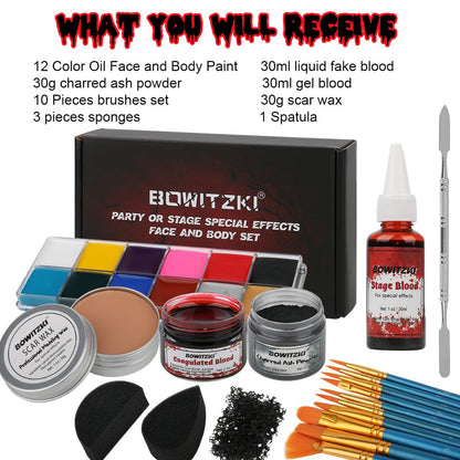 Bowitzki Halloween Makeup Kit Oil Based Face Body Paint Cream Makeup SFX Painting Clear Fake Stage Blood Brush Sponges Painting Special Effects FX Zombie Vampire Monster Scar Wound Christmas Party 🍁 All In One Marketplace Canada