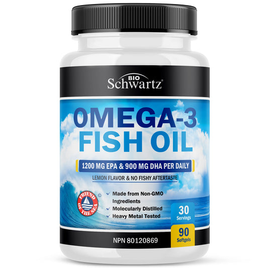 Fish Oil Omega 3 EPA & DHA 2250 mg | Burpless Lemon Flavor Triple Strength Supplement with Fatty Acids from Wild Icelandic Fish | Supports Joint, Eyes, Brain & Skin Health | Non GMO | 90 Softgels - Available at All In One Marketplace Canada