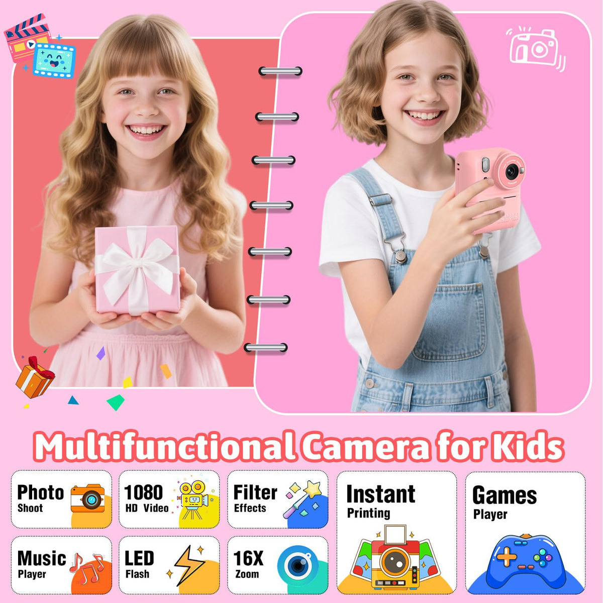Kids Instant Print Camera Toys,1080P HD Toddler Digital Video Camera,Christmas Birthday Gifts for Girls Boys Age 3-12 Year Old - 32G SD Card Included (Pink) 🍁 All In One Marketplace Canada