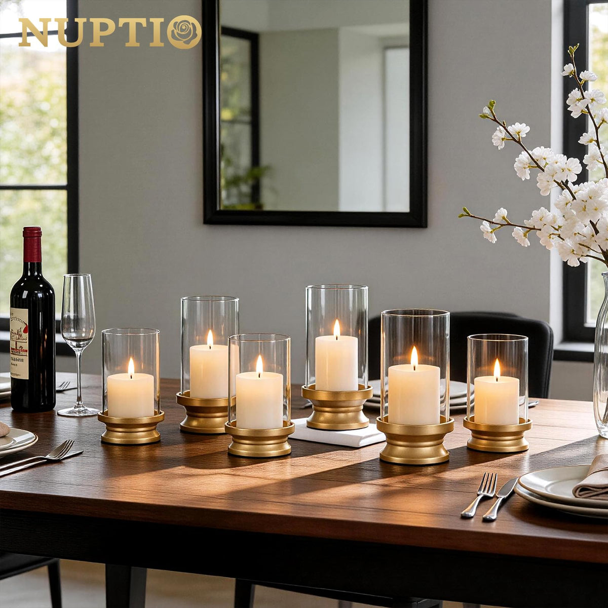 NUPTIO Hurricane Glass Candle Holders for Pillar - Matte Gold - Set of 2 🍁 All In One Marketplace Canada