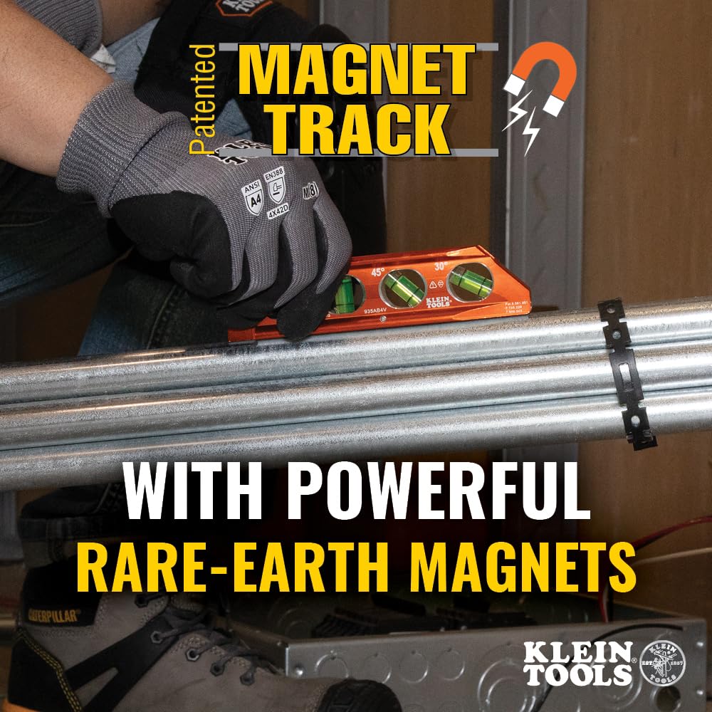 Klein Tools 935AB4V Level, 6-Inch Magnetic Torpedo and Conduit Level with 0/30/45/90 Degree Vials, V-Groove and Magnet Track, High Visibility Orange KLEIN TOOLS