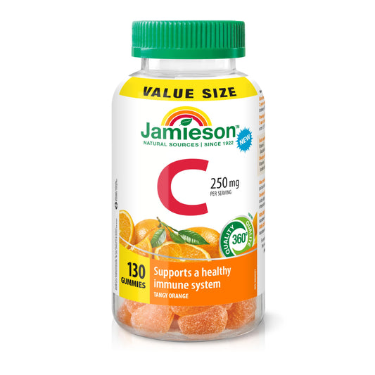 Jamieson Vitamin C 250 mg Gummies, 130 Gummies, Natural Tangy Orange Flavour, Supports Immune Health, Family Friendly (3+), Vegetarian, Non-GMO, No Artificial Flavours, Colours or Preservatives