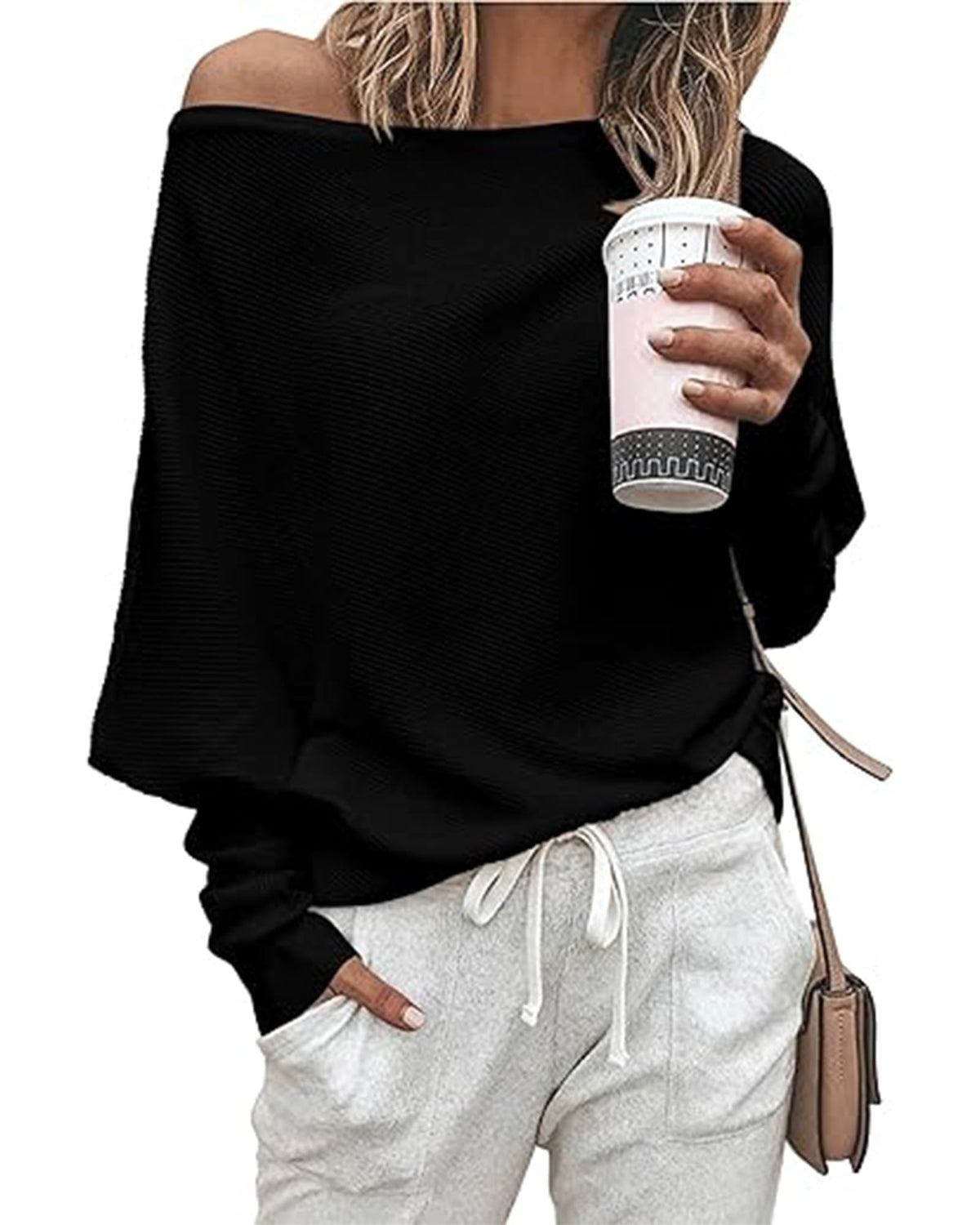 BTFBM Off The Shoulder Tops for Women Loose Knit Boat Neck Sweaters Black 🍁 All In One Marketplace Canada