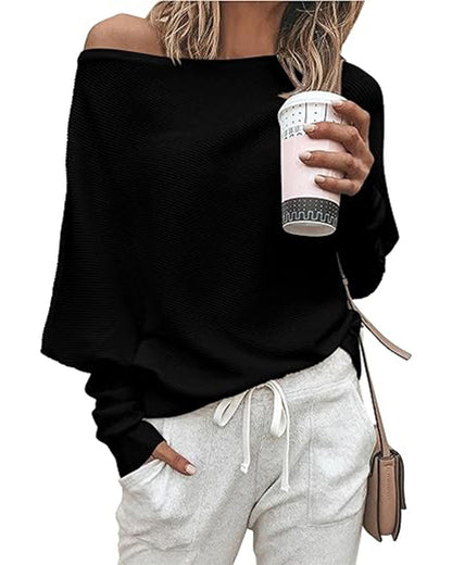BTFBM Off The Shoulder Tops for Women Loose Knit Boat Neck Sweaters Black 🍁 All In One Marketplace Canada