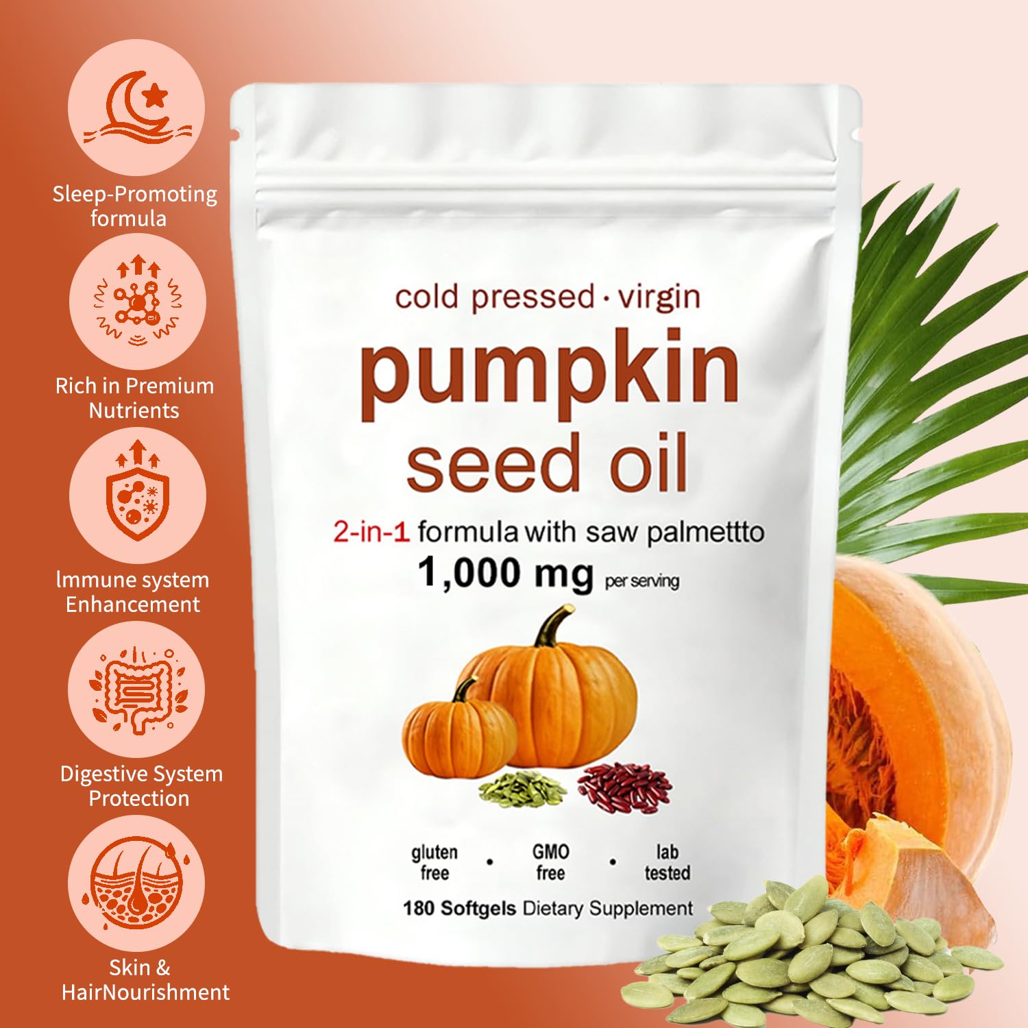 KITABIO Pumpkin Seed Oil Capsules | Pumpkin Seed Oil with Saw Palmetto - Cold-Pressed | Easy-to-Swallow Softgels – Resealable Package | Non-GMO - 180 Pc/1 Bag (Z-1) - Available at All In One Marketplace Canada