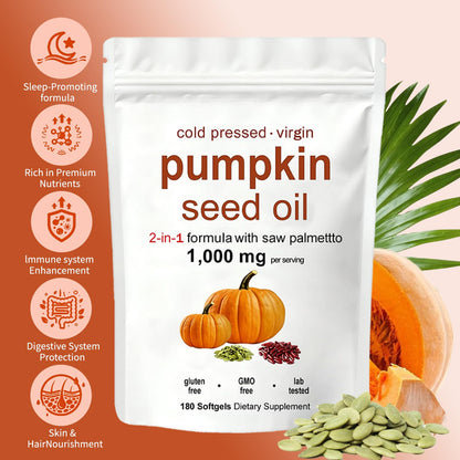 KITABIO Pumpkin Seed Oil Capsules | Pumpkin Seed Oil with Saw Palmetto - Cold-Pressed | Easy-to-Swallow Softgels – Resealable Package | Non-GMO - 180 Pc/1 Bag (Z-1) - Available at All In One Marketplace Canada
