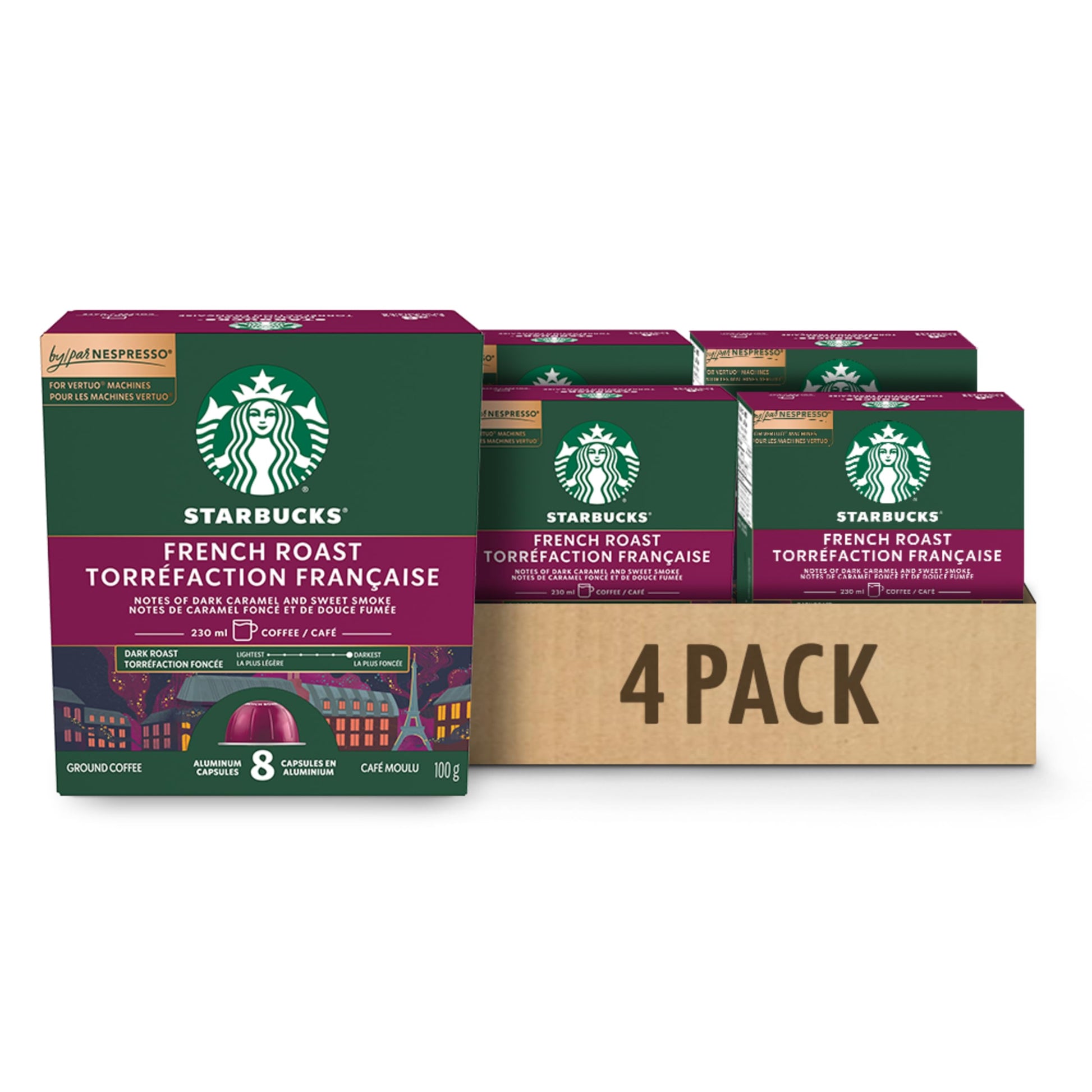 Starbucks French Roast for Nespresso Vertuo – Dark Roast Coffee Capsules with Caramel & Smoke Notes, 4 Boxes (400g)