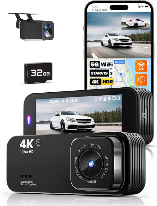 Dash Camera for Cars, 4K+1080P Dash Cam Front and Rear with 5G WiFi, Built-in 32GB Card, Night Vision, G-Sensor, 24H Parking Mode, Loop Recording