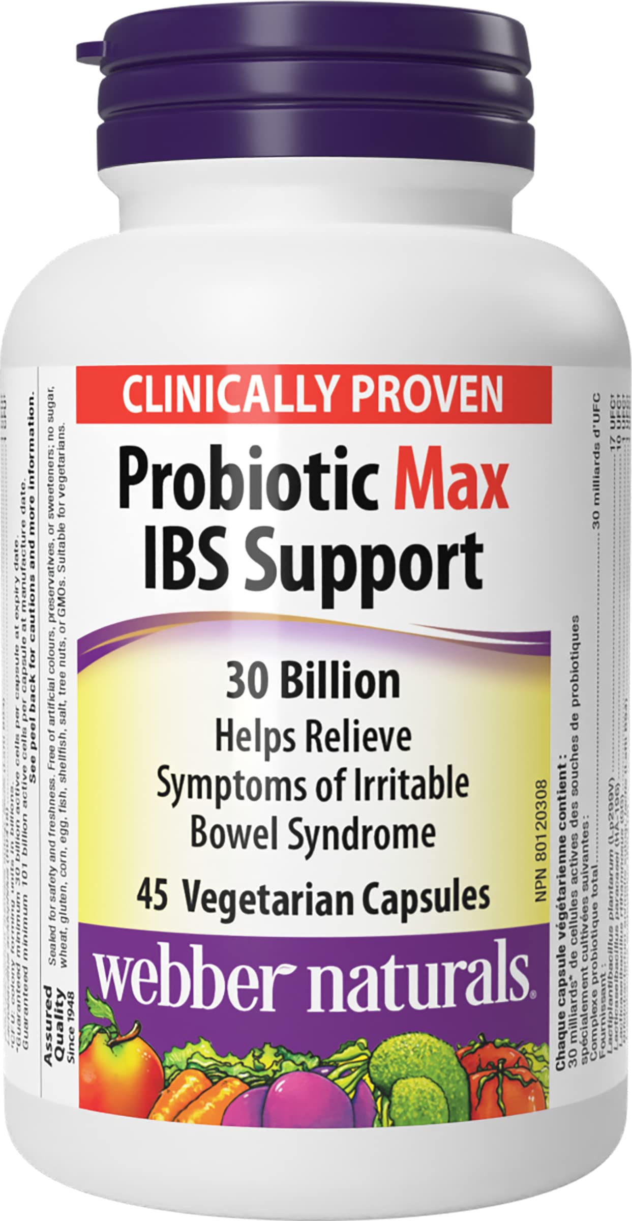 Webber Naturals Probiotic Max IBS Support, 30 Billion Active Cells, 5 Probiotic Strains, 45 Capsules, Helps Reduce Symptoms of Irritable Bowel Syndrome, Vegetarian - Available at All In One Marketplace Canada