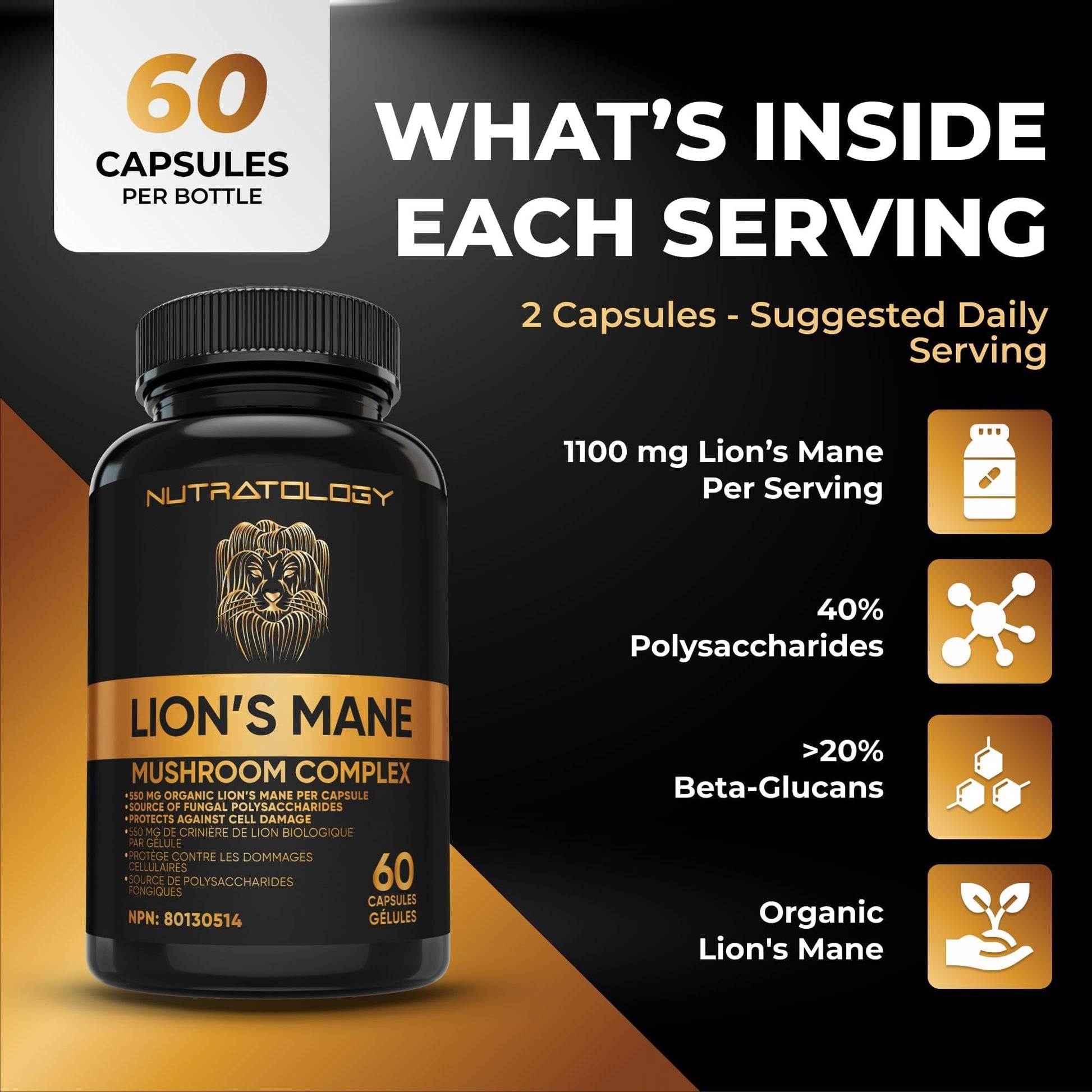 Nutratology® Organic Lion's Mane Mushroom Capasules - Nootropic Functional Mushroom Supplements Made With 40% Polysaccharides & >20% Beta-Glucan | Supports Memory, Cognition & Brain Health - 60 Count - Available at All In One Marketplace Canada