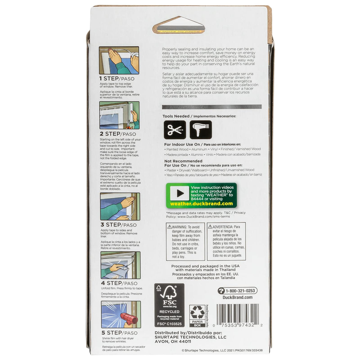 Duck MAX Strength Window Insulation Kit, Winter Window Seal Kit Fits up to 5 Windows, Heavy Duty Shrink Film Cuts to Size for Easy Indoor Installation, Window Tape Included,62 in. x 210 in., Clear