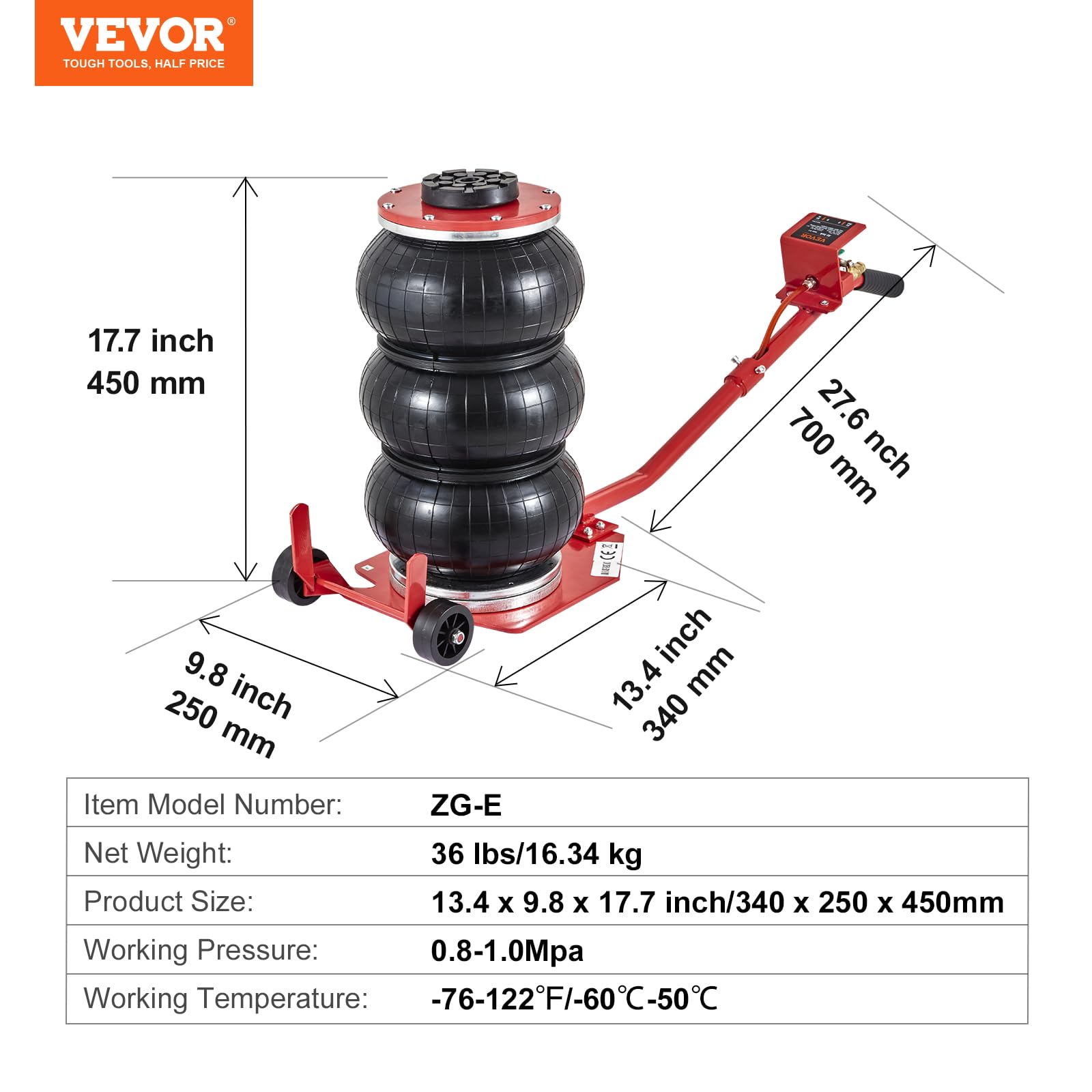 VEVOR Air Jack, 3 Ton/6600 lbs Triple Bag Air Jack, Airbag Jack with Six Steel Pipes, Lift up to 17.7 inch/450 mm, 3-5 s Fast Lifting Pneumatic Jack, with Long Handles for Cars, Garages, Repair, (Red) VEVOR