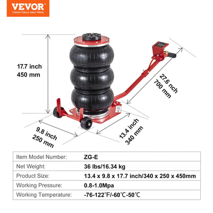 VEVOR Air Jack, 3 Ton/6600 lbs Triple Bag Air Jack, Airbag Jack with Six Steel Pipes, Lift up to 17.7 inch/450 mm, 3-5 s Fast Lifting Pneumatic Jack, with Long Handles for Cars, Garages, Repair, (Red) VEVOR