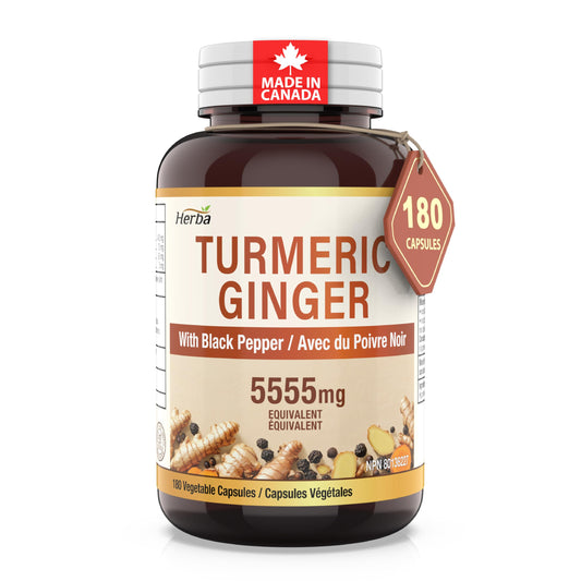 Herba Turmeric Supplements for Inflammation with Black Pepper and Ginger - 180 Capsules | 5,555mg Equiv. with 95% Turmeric Curcumin Supplements with Black Pepper | Joint Pain Relief | Made in Canada - Available at All In One Marketplace Canada