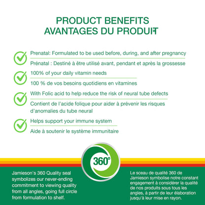 Jamieson Prenatal 100% Complete Multivitamin with Folic Acid and Iron, 100 Caplets. Formulated for Prenatal and Postnatal, and While Breastfeeding, Prevents Neural Tube Defects, One Per Day - Available at All In One Marketplace Canada