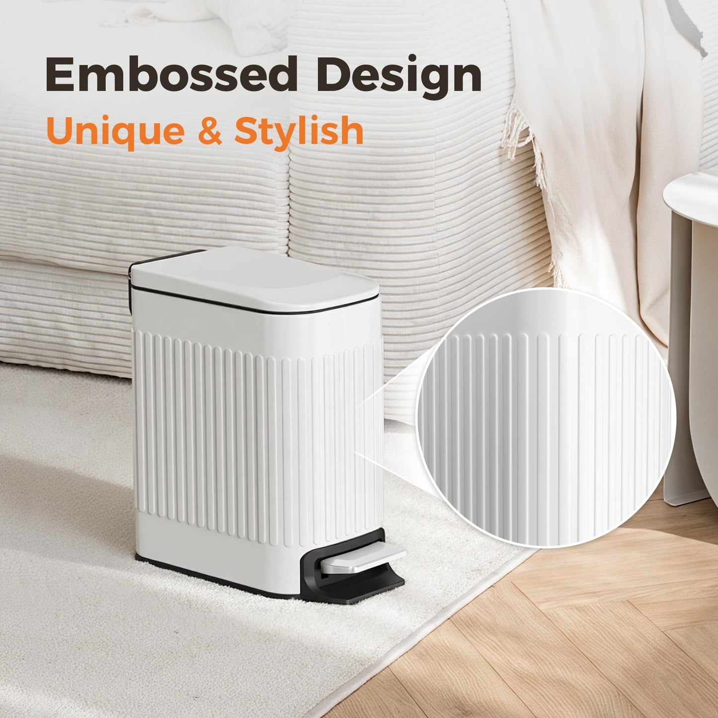 TrashAid Slim Bathroom Trash Can with Lid Soft Close, 6 Liter/1.6 Gallon Stainless Steel Small Garbage Can with Removable Inner Bucket, Step Pedal, Slim Wastebasket for Toilet, Office, Bedroom, White - Available at All In One Marketplace Canada