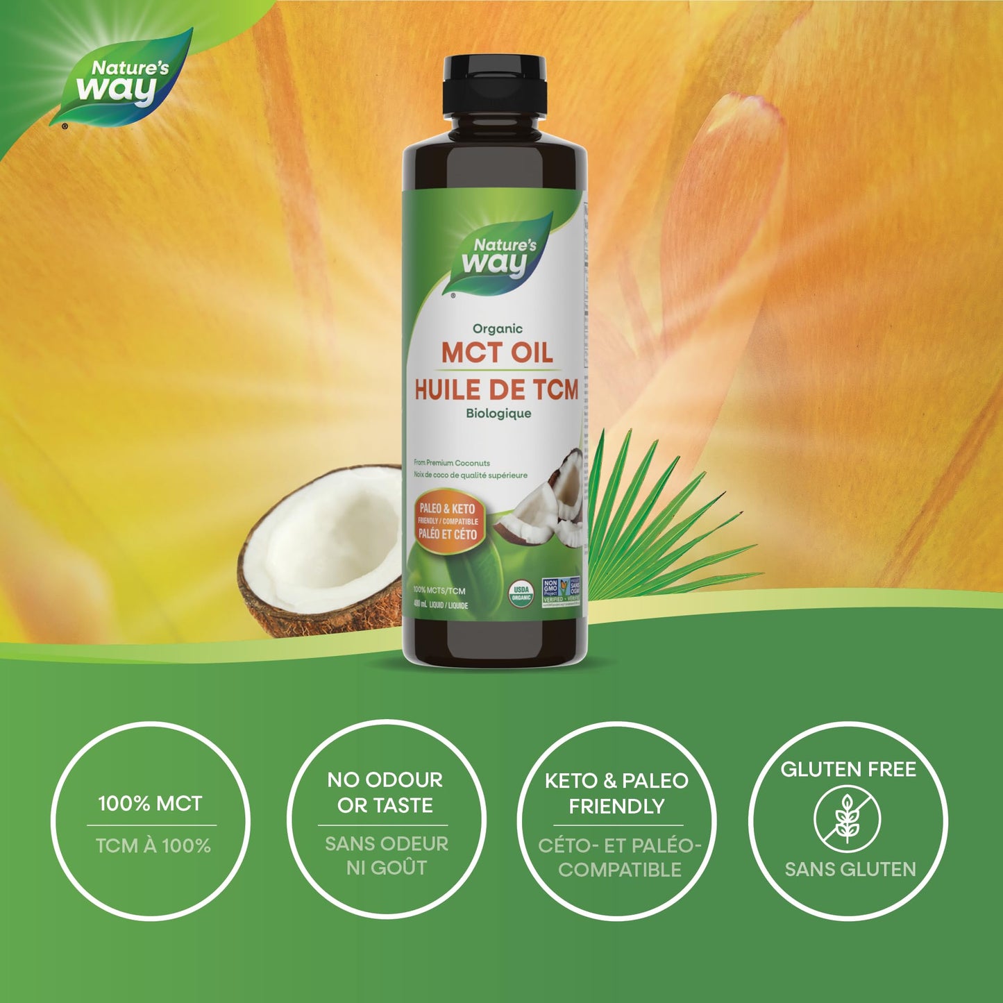 Nature's Way 100% Pure MCT Oil – Organic Coconut-Derived Medium Chain Triglycerides – No Palm or Filler Oils – Keto & Paleo Friendly – Non-GMO, Vegetarian, Gluten-Free, Flavourless – 480 mL Nature's Way