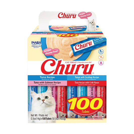 INABA Churu Cat Treats, Lickable, Squeezable Creamy Purée with Vitamin E, 14 Grams per Tube, 100 Tubes Total, Tuna Variety