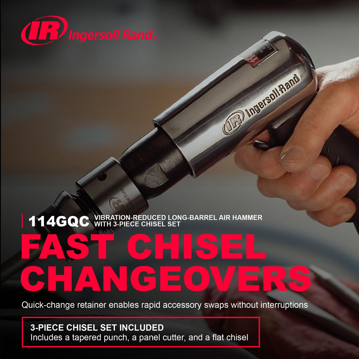 Ingersoll Rand 114GQC Air Hammer with 3-Piece Set, Tapered Punch, Panel Cutter, Flat Chisel, 2-5/8" Stroke, 3500 BPM, Plastic Handle, Gray