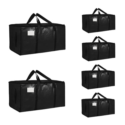 6 Pack-Extra Large Heavy Duty Moving Bags - Waterproof Storage Totes with Handles & Zippers, Foldable for College Dorm, Storage (Black)