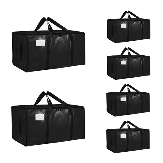 6 Pack-Extra Large Heavy Duty Moving Bags - Waterproof Storage Totes with Handles & Zippers, Foldable for College Dorm, Storage (Black)