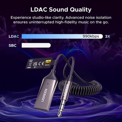 UGREEN Aux to Bluetooth 6.0 Car Adapter with LDAC, 3.5mm Aux Adapter for Auto Built-in Microphone, Car Bluetooth Audio Receiver for Hands-Free Calls Compatible with Car Speaker & Home Audio