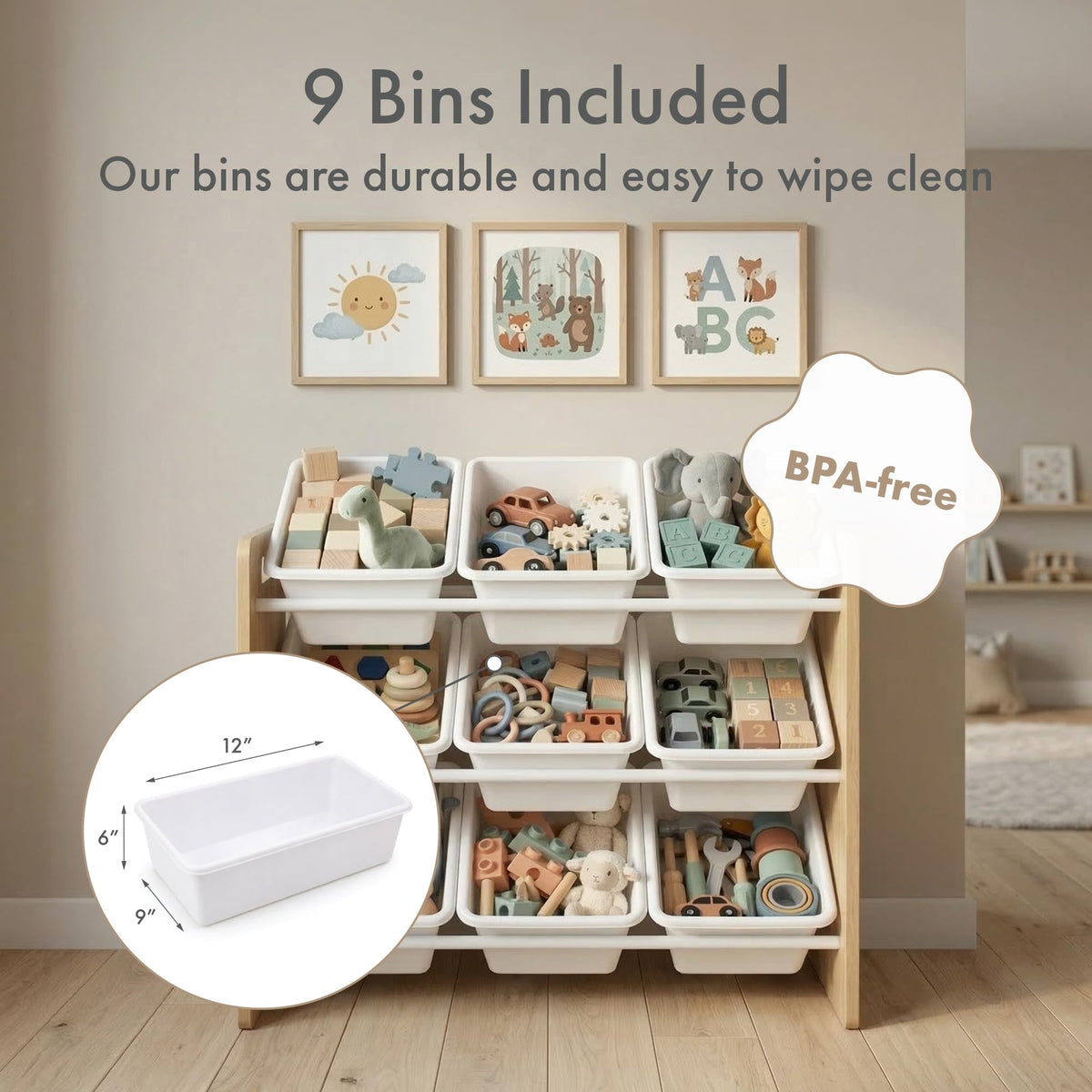 Humble Crew 9-Bin Toy Organizer – Journey Natural Wood with White Plastic Bins, 3-Tier Storage Solution for Kids' Playrooms and Nurseries