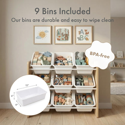 Humble Crew 9-Bin Toy Organizer – Journey Natural Wood with White Plastic Bins, 3-Tier Storage Solution for Kids' Playrooms and Nurseries