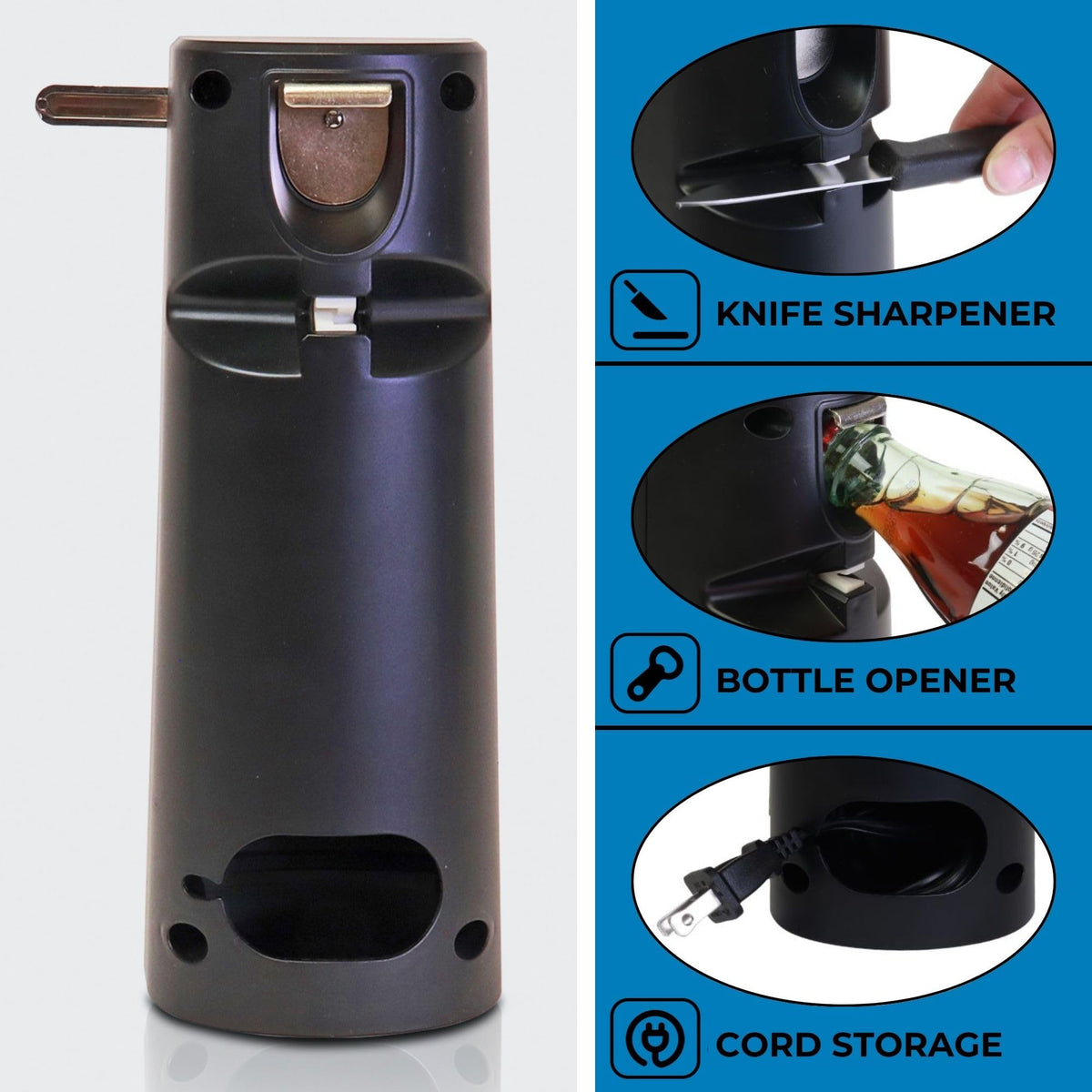 Kenmore Electric Can Opener - Hand Friendly, Bottle Opener, Knife sharpener, Latas Abrelatas, Cord Storage, Automatic Countertop appliance Stainless Steel detachable cutting lever