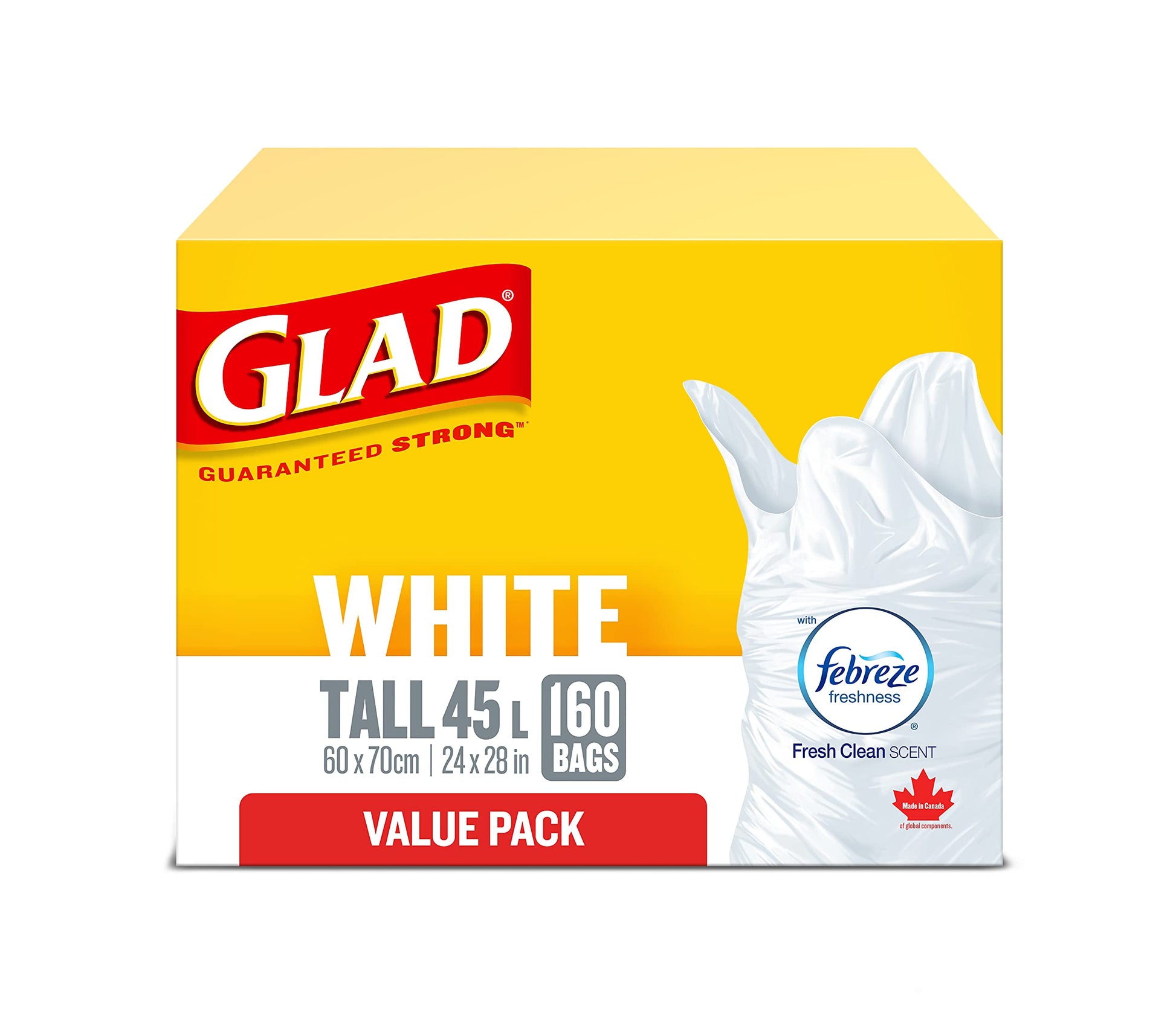 Glad White Garbage Bags - Tall 45 Litres - Febreze Fresh Clean Scent, 160 Trash Bags, Value Pack, Made in Canada of Global Components