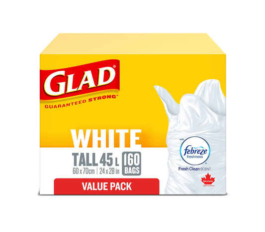 Glad White Garbage Bags - Tall 45 Litres - Febreze Fresh Clean Scent, 160 Trash Bags, Value Pack, Made in Canada of Global Components