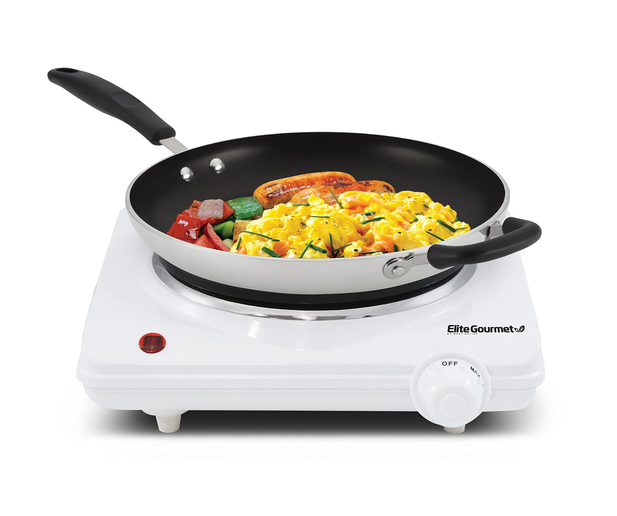 Elite Gourmet ESB-301F Countertop Single Cast Iron Burner, 1000 Watts Electric Hot Plate, Temperature Controls, Power Indicator Lights, Easy to Clean, White