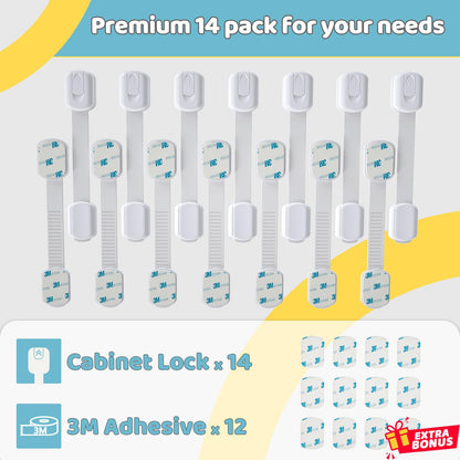 4our Kiddies 14 Pack Baby Proof Cabinet Latches, Childproof Drawer Latches with 12 Extra 3M Adhesives, Adjustable No Drilling Child Safety Cabinet Strap Locks, Baby Drawer Locks for Kids Baby Safety