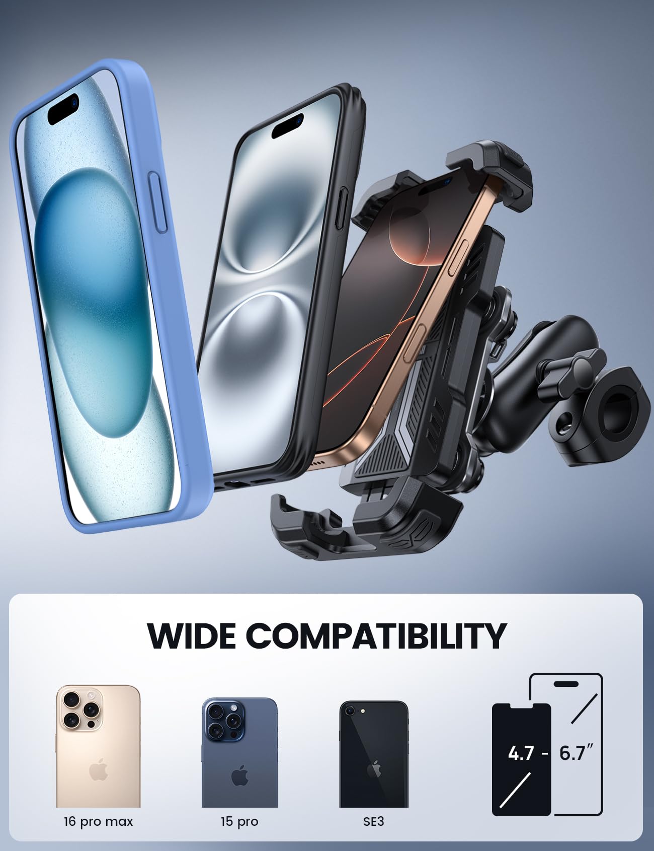 Lamicall Motorcycle Phone Mount Holder - [Dual Vibration Dampener] [720° Adjustment Arm] Motorcycle Cell Phone Holder, Bike Handlebar Phone Mount for iPhone 17 Pro/Air/16/15/14 Pro Max, 4.7-6.7" Phone - Available at All In One Marketplace Canada