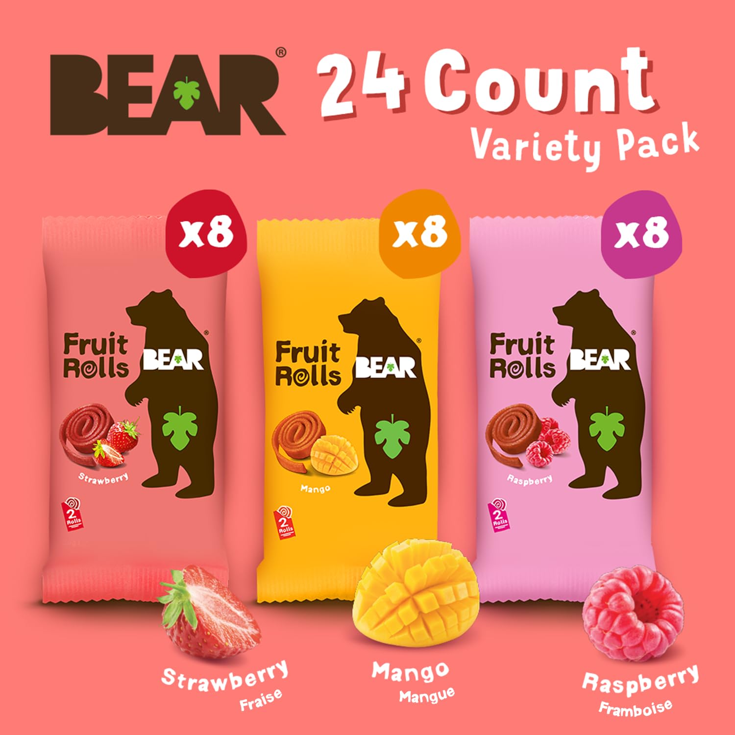 BEAR Fruit Rolls Variety Pack - Strawberry, Mango & Raspberry - Real Fruit Snacks - 100% Natural, No Added Sugar, Gluten Free, Vegan - 24 Count