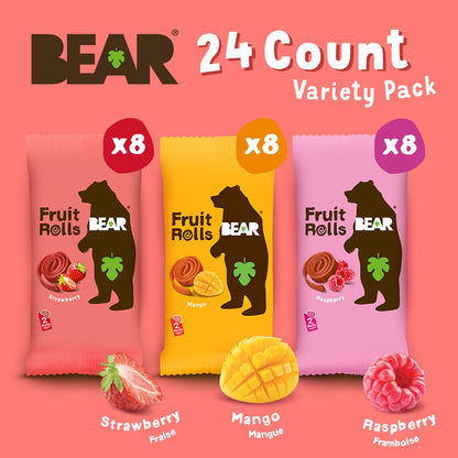 BEAR Fruit Rolls Variety Pack - Strawberry, Mango & Raspberry - Real Fruit Snacks - 100% Natural, No Added Sugar, Gluten Free, Vegan - 24 Count