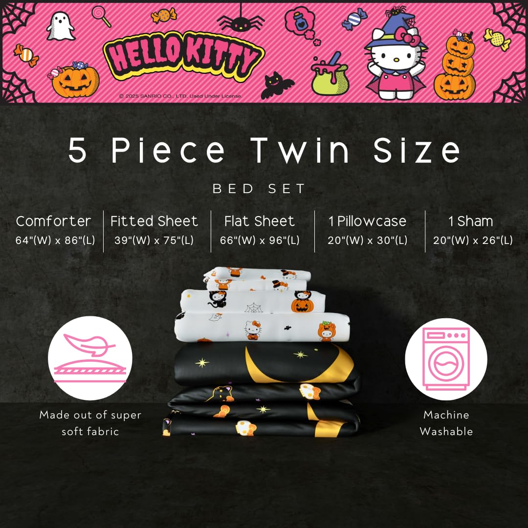 Parure de lit pour lit simple Sanrio Hello Kitty motif citrouille d'Halloween – Ensemble 4 pièces réversible, ultra doux et confortable (produit sous licence officielle) par Franco