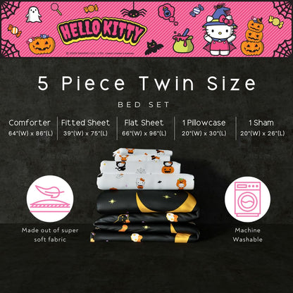 Parure de lit pour lit simple Sanrio Hello Kitty motif citrouille d'Halloween – Ensemble 4 pièces réversible, ultra doux et confortable (produit sous licence officielle) par Franco