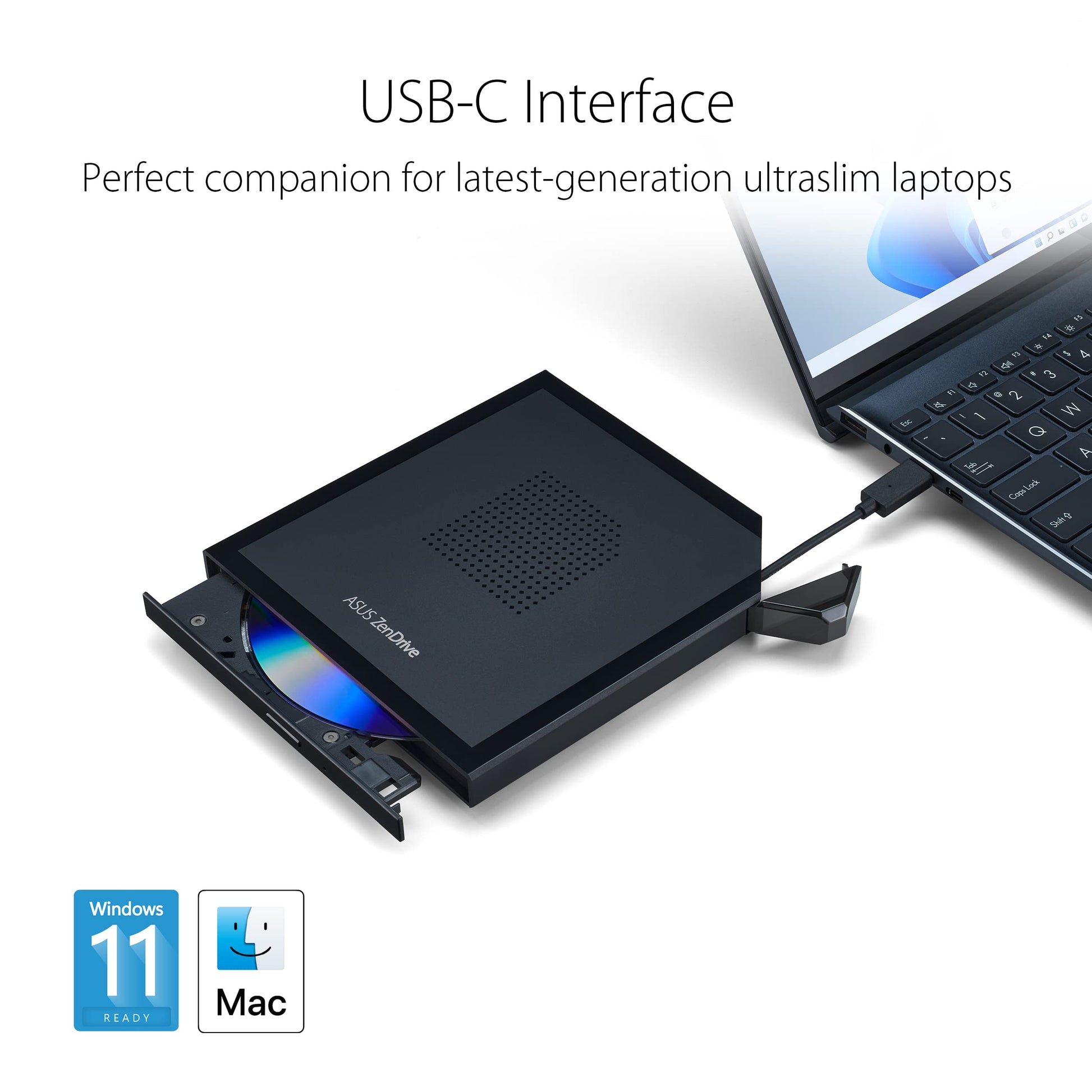 ASUS ZenDrive V1M External DVD Drive and Writer with Built-in Cable-Storage Design, USB-C Interface, Compatible with Win 11 and macOS, M-DISC Support (SDRW-08V1M-U) Asus