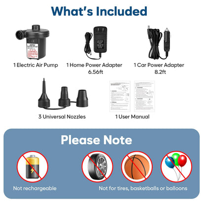 Electric Air Pump, AGPtEK Portable Quick-Fill Air Pump with 3 Nozzles, 4500 Pa 110V AC/12V DC, Perfect Inflator/Deflator Pumps for Outdoor Camping, Inflatable Cushions, Air Mattress Bed, Swimming Ring