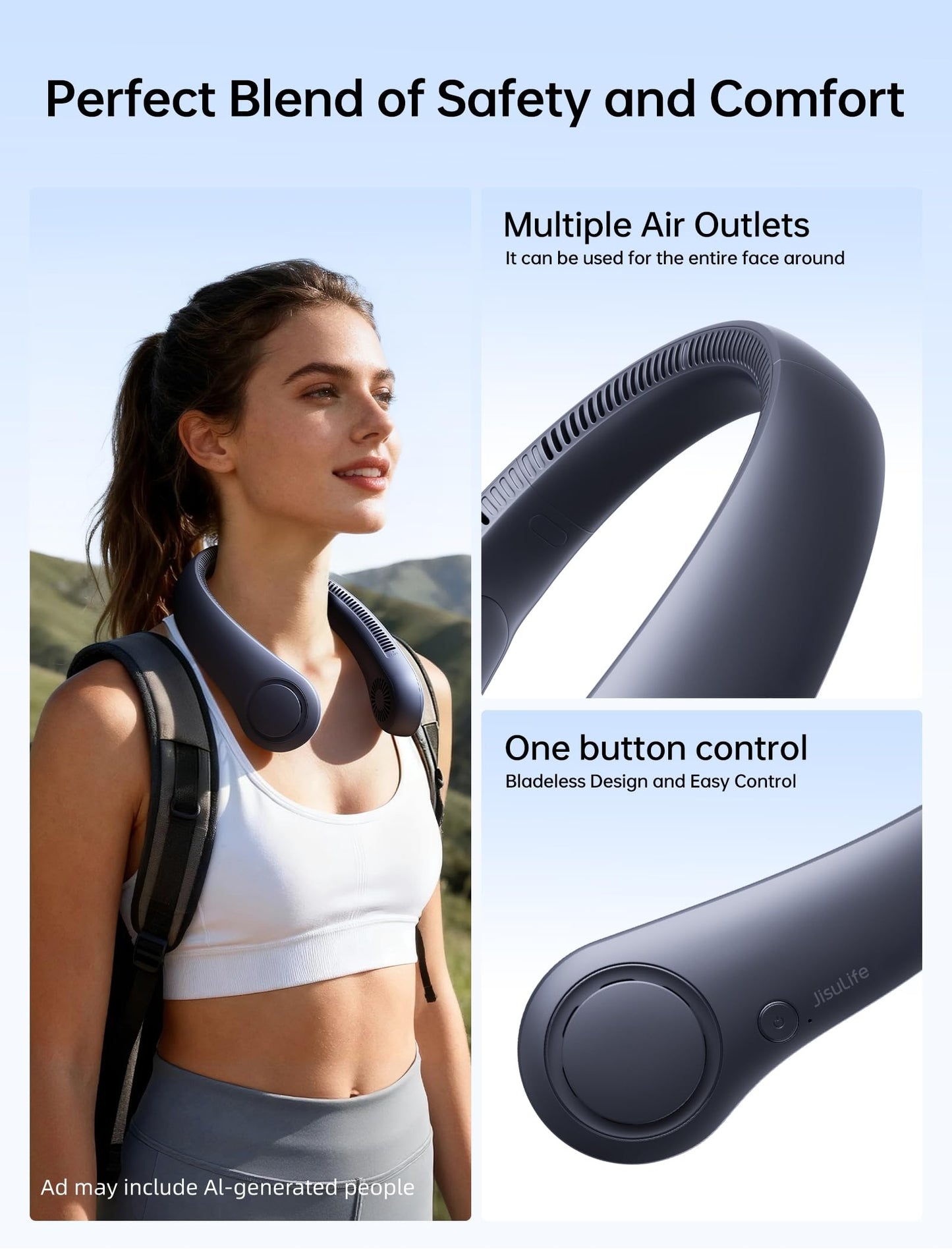 JISULIFE Portable Neck Fan, Hands Free Bladeless Fan, 4000 mAh Battery Operated Wearable Personal Fan, Leafless, Rechargeable, Headphone Design,5 Speeds Gifts for Women Men- Dark Blue