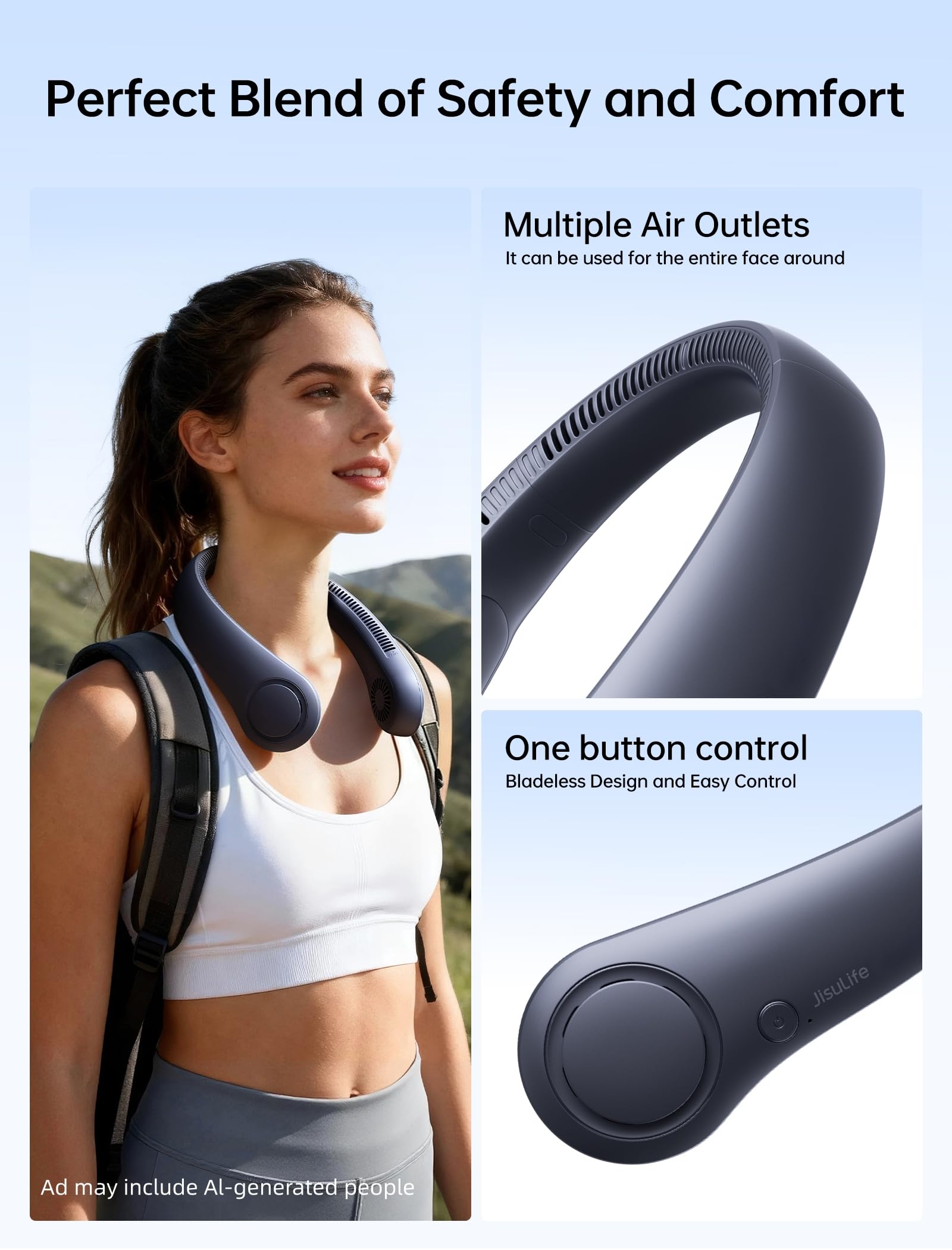 JISULIFE Portable Neck Fan, Hands Free Bladeless Fan, 4000 mAh Battery Operated Wearable Personal Fan, Leafless, Rechargeable, Headphone Design,5 Speeds Gifts for Women Men- Dark Blue