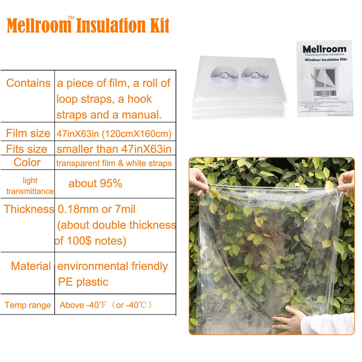 Mellroom Window Insulation Kit 47inX63in(120X160cm) for Winter Keep Cold Out,cuttable Transparent Film 180㎛ Thickness,Easy to Open for Ventilation,held by Adhesive Strips,Reusable Plastic Window wrap 🍁 All In One Marketplace Canada
