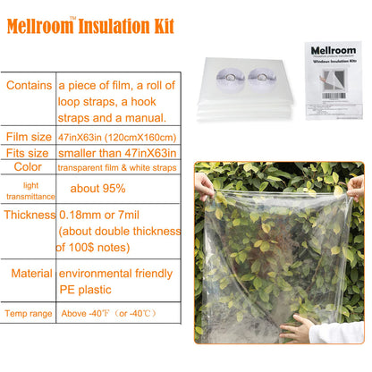 Mellroom Window Insulation Kit 47inX63in(120X160cm) for Winter Keep Cold Out,cuttable Transparent Film 180㎛ Thickness,Easy to Open for Ventilation,held by Adhesive Strips,Reusable Plastic Window wrap 🍁 All In One Marketplace Canada