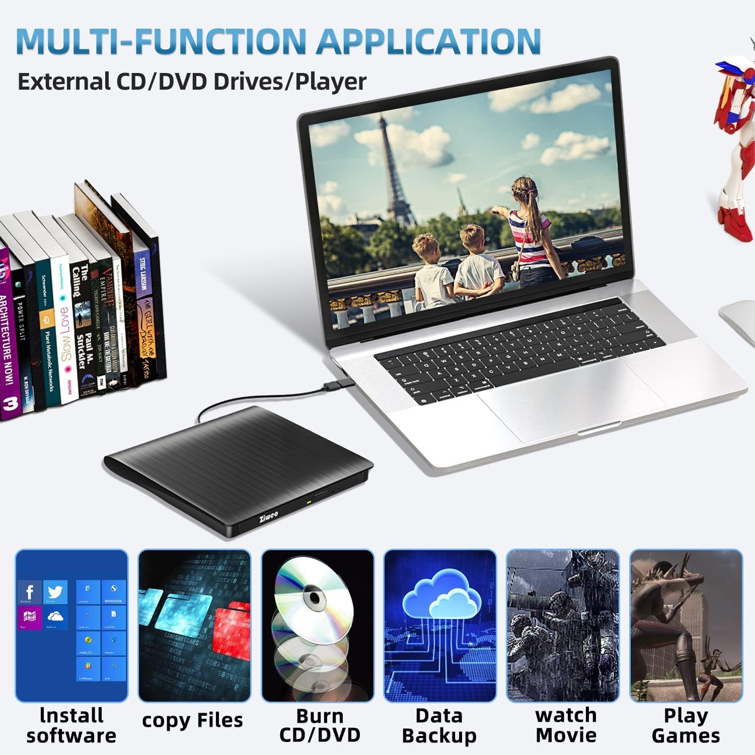 External CD DVD Drive, Portable USB 3.0 Type-C CD Burner CD +/-RW Drive DVD Player for ROM Rewriter Burner Compatible with Laptop Desktop PC Windows MacBook Linux Mac OS