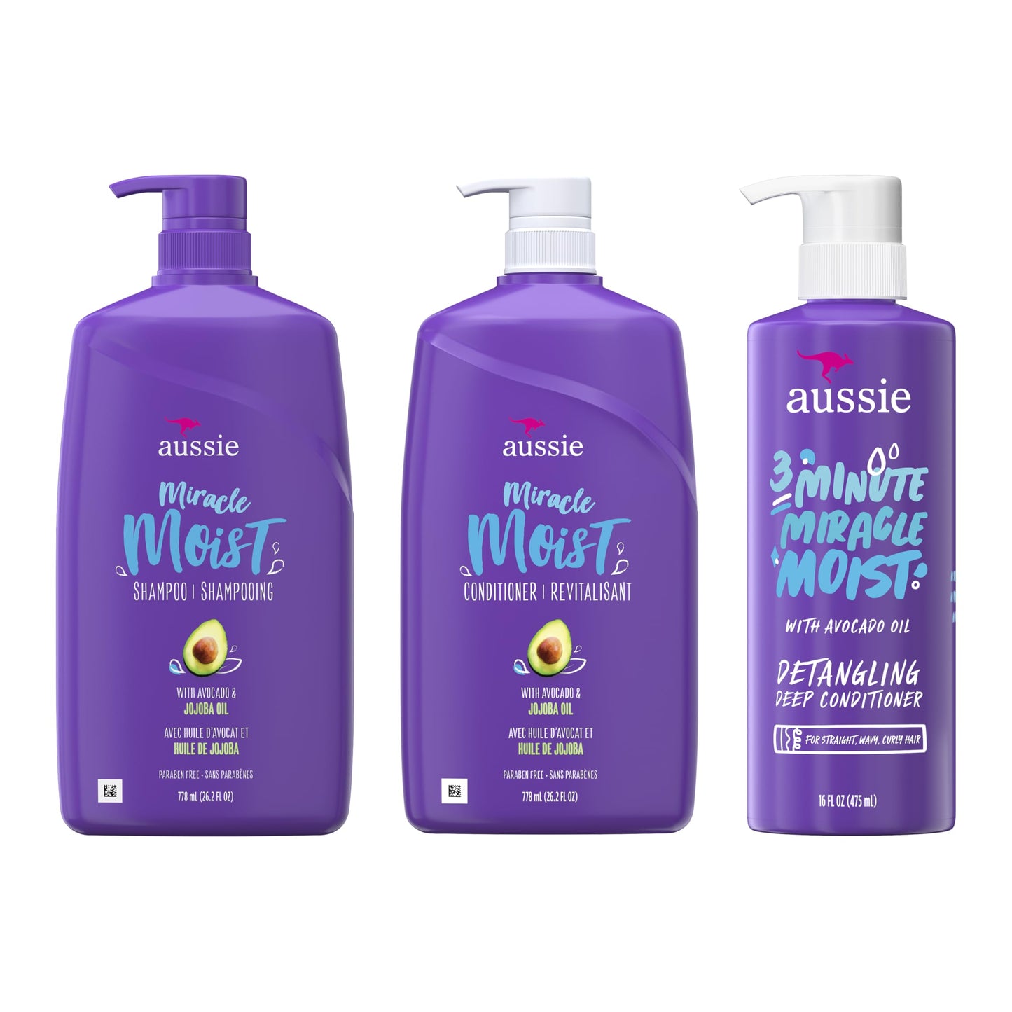 Aussie Miracle Moist Shampoo 778 mL, Miracle Moist Conditioner 778 mL, 3 Minute Miracle Deep Conditioner Hair Treatment 475 mL, Infused with Avocado & Australian Jojoba Oil, 2.03 L Total - Available at All In One Marketplace Canada