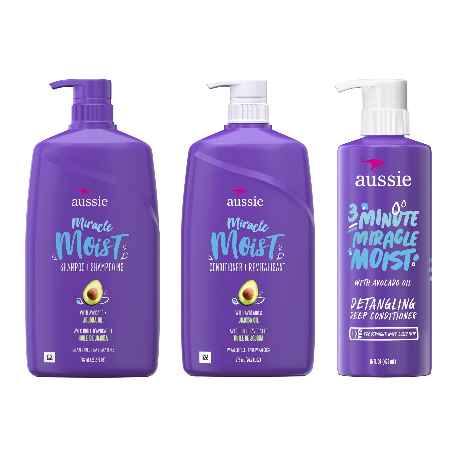 Aussie Miracle Moist Shampoo 778 mL, Miracle Moist Conditioner 778 mL, 3 Minute Miracle Deep Conditioner Hair Treatment 475 mL, Infused with Avocado & Australian Jojoba Oil, 2.03 L Total - Available at All In One Marketplace Canada