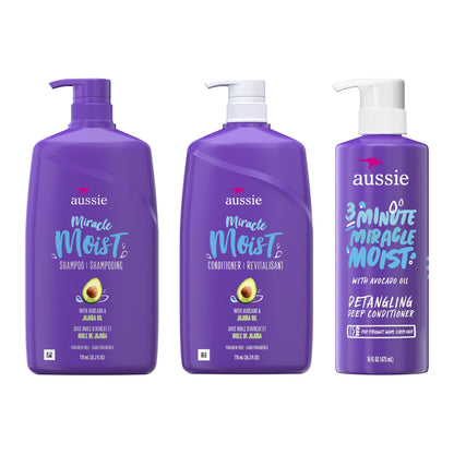 Aussie Miracle Moist Shampoo 778 mL, Miracle Moist Conditioner 778 mL, 3 Minute Miracle Deep Conditioner Hair Treatment 475 mL, Infused with Avocado & Australian Jojoba Oil, 2.03 L Total - Available at All In One Marketplace Canada